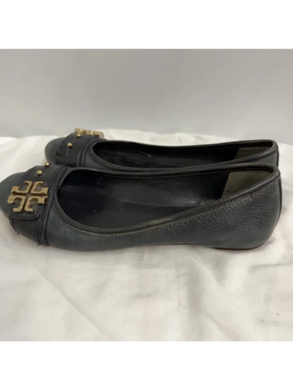 Tory Burch Reva Faded Teal Leather Ballet Flats Gold Logo Medallion Women’s 6.5M